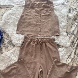 SHEIN Taupe Wide Leg Pants & Button Crop Tank Set Size L